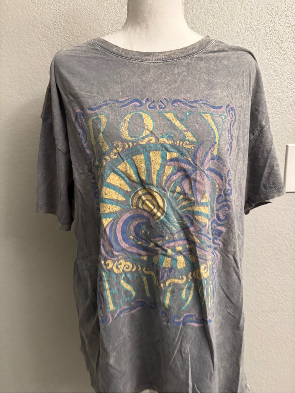 Roxy Oversized Graphic Tee Vintage Acid Wash Distressed Gray Large
